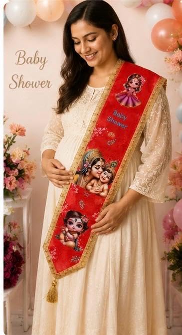 TRAIS Baby Shower Sash for Mom-to-Be | Traditional Satin Belt with Golden Lace | Godh Bharai Ceremony Decoration | Maternity Party Sash for Baby Shower Celebration (RED)-picture-11