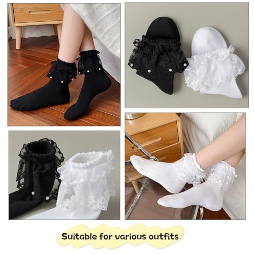Pearl Lace Ruffle Frilly Ankle Socks for Women 5