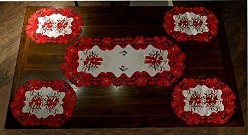 Holiday Christmas Embroidered with Handmade Cutwork Table Runner Set of 5 (1 Piece 15 x 36 and 4 Pieces 11.5 x 17.5)