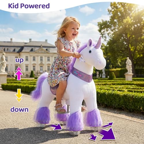 Image of PonyCycle Ride on Unicorn Toy (with Brake / 36 inch Height /Size 4 for Age 4-8) Toddler Purple Horse Ride on Toys for Kids Ride on Horse Plush Ux406