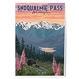 Lantern Press Snoqualmie Pass, Washington, Bear and Spring Flowers, 8x12 Inch Art Print Wall Decor