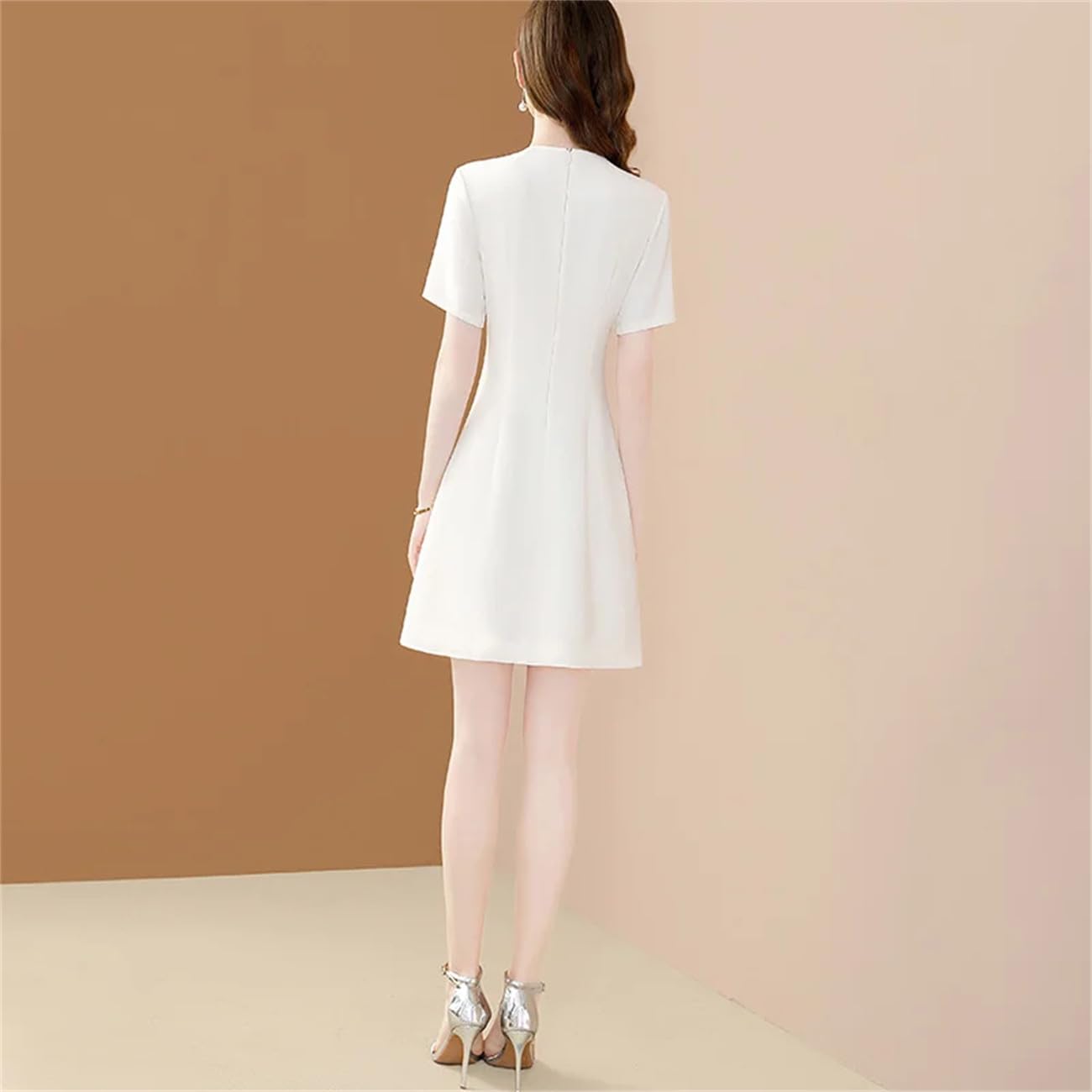 Yeuyyben Donne Elegante Ricamo Floreale Abito Bianco Ufficio A-Line Manica Corta Slim Abiti Da Festa