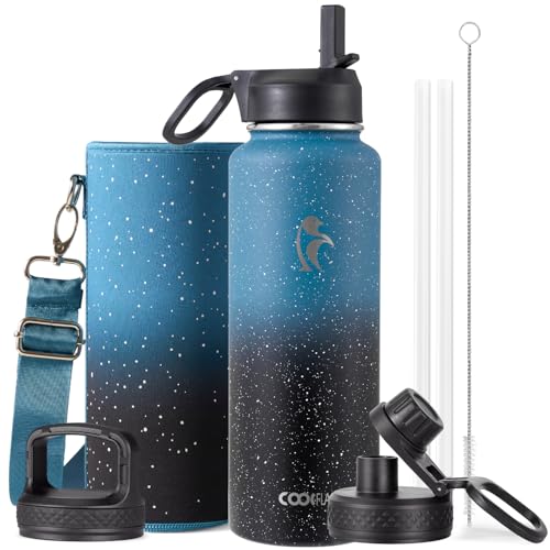 Image of Coolflask 40 oz Water Bottle Insulated with Straw & 3 Leakproof Lids