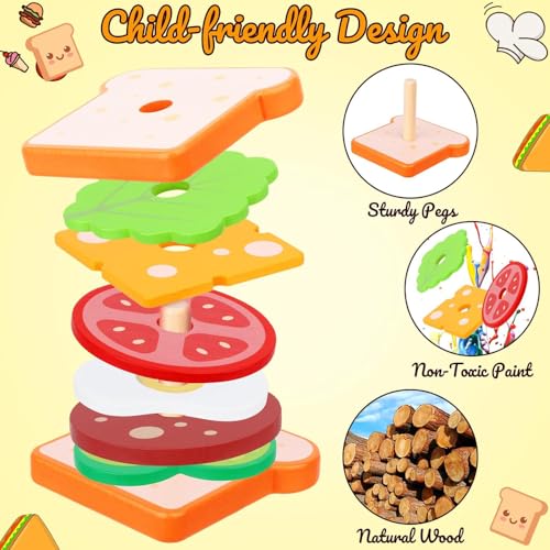 Holz Hamburger Sandwich Kinder Stapelspielzeug, Kinderküche Zubehör Holz Burger Lebensmittel Koch Spielzeug Brot Holzstapel SpielküChe Rollenspiele Geschenk für Jungen Mädchen 3+ (Sandwich)