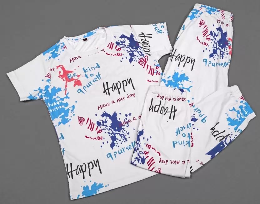 Image of Women Printed T-Shirt and Track Pant Set | Cotton Co-Ord Night Suit for Women | Lounge Wear, Sleepwear, Gym Wear | Half Sleeve Top & Elastic Waist Joggers | Stylish