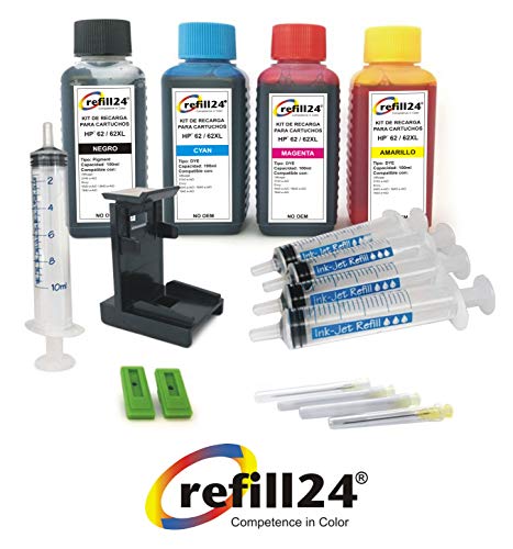 Kit di ricarica per cartucce d’inchiostro HP 62/62 XL, nero e a colori, completo di clip ed accessori, 400 ml di inchiostro