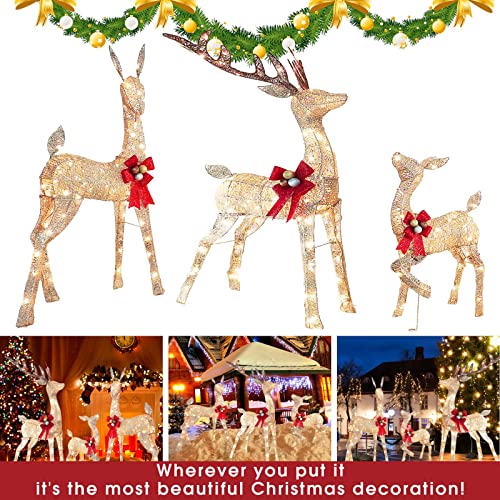 4.6Ft Outdoor Lighted Christmas Decorations Deer Family,3-Piece Lighted Christmas Reindeer With Bell Bows,Outdoor Holiday Yard Decorations With 240 Warm White Led Lights, Ground Stakes, Zip Ties #TOP2