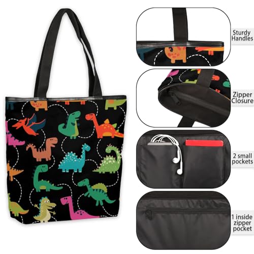 Colorful Cartoon Dinosaurs Canvas Tote Bag Portable Shopping Bags Reusable Shoulder Tote Bag with Zipper for Travel Shopping Campaign Gym4