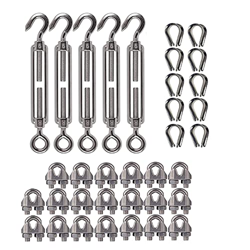 Turnbuckle Wire Tensioner (Hook and Eye) Wire Rope Tension, Stainless Steel 5PCS M6 Adjustable Turnbuckles Tensioner Set Heavy Duty, 20PCS 1/8 M3 Wire Rope Clamp, 10PCS M3 Loop Thimble