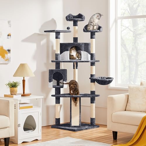 Yaheetech 79in Multi-Level Cat Trees Indoor Cat Tower with Sisal-Covered Scratching Posts, Plush Perches and Condo for Kittens, Cats and Pets - Dark Gray and White - Image 5