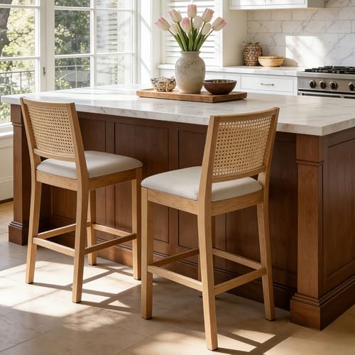 Image of Rattan Counter Height Bar Stools, 25.6'' Modern Counter Stools with Cane Back, Mid Century Bar Chairs for Kitchen Counter /Home Bar /Cafe, Set of 2, Cream