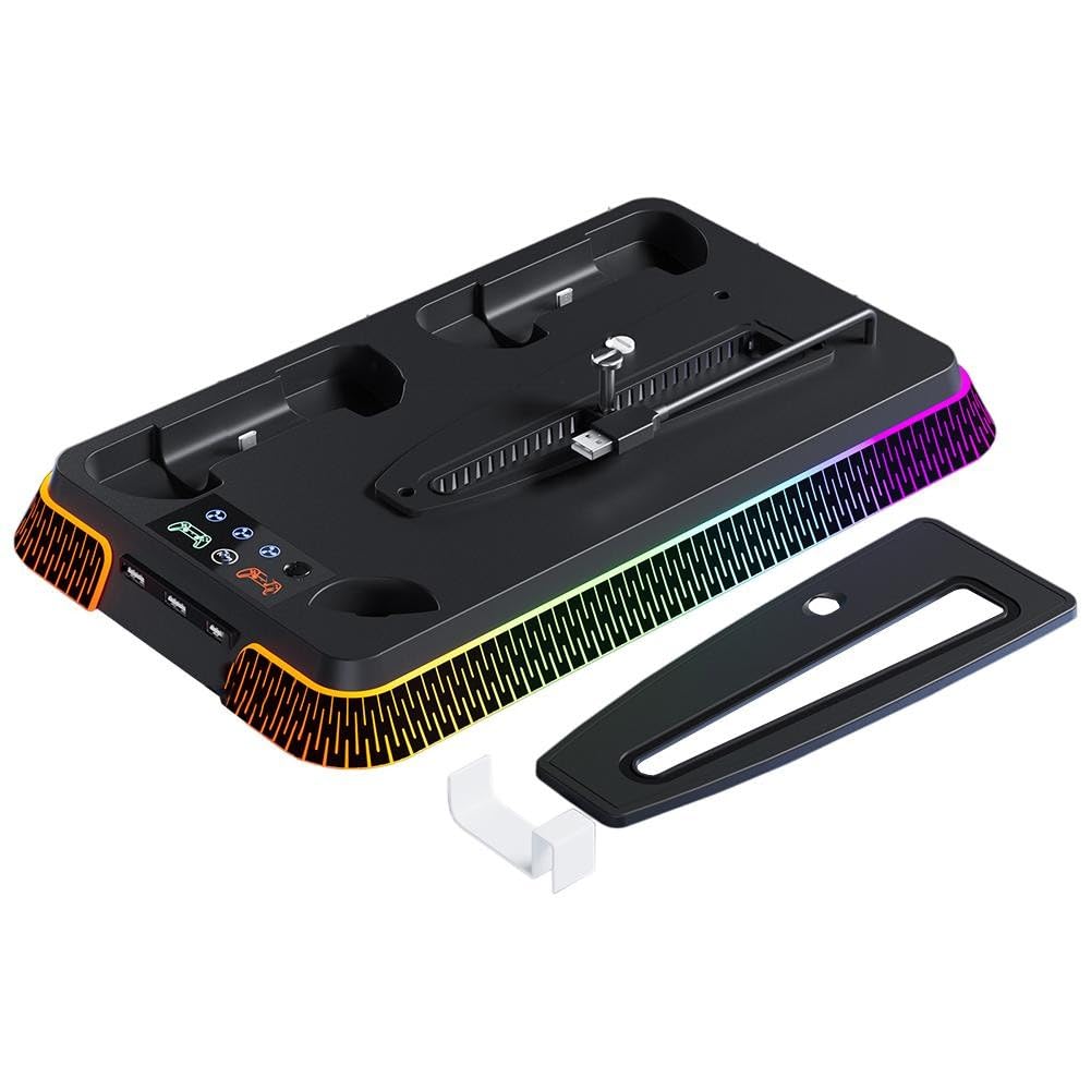 Supporto di raffreddamento verticale per PS5 Pro e Slim, stazione di ricarica con doppie porte per controller, supporto console ABS con ventola, accessorio per gioco salvaspazio, bianco
