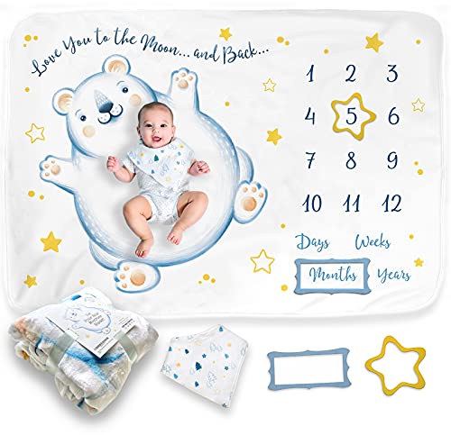 NOY&MOLLY Baby Monthly Milestone Blanket – 40x60 in. Boy or Girl, Polar Bear Milestone Blanket, Woodland | Newborn Month Age Blanket, Growth Chart Blanket for Baby Shower, with 2 Felt Frames and Bib