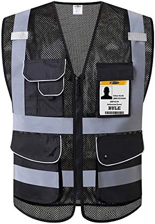 JKSafety 9 Pockets High Visibility Zipper Front Safety Vest With Reflective Strips,HQ Breathable Mesh, Oxford Fabric for pocket materials. Black Meets ANSI/ISEA Standards (Medium, 110-Black)