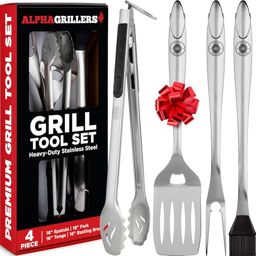 Alpha Grillers Grilling Accessories - Grilling Gifts for Men - BBQ Accessories Grill Tools Set with Spatula, Fork, Brush & Tongs - Outdoor Barbecue Utensils Gifts for Men Dad Him Boyfriend