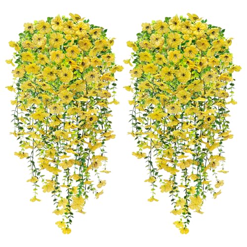 YSUVIN Flores Artificiales Colgantes, 4 Piezas Flores Artificiales de Exterior, 76CM Plantas Falsas Colgantes, Decoración de Exterior Balcón Jardín Patio Decoración de Boda, Amarillo