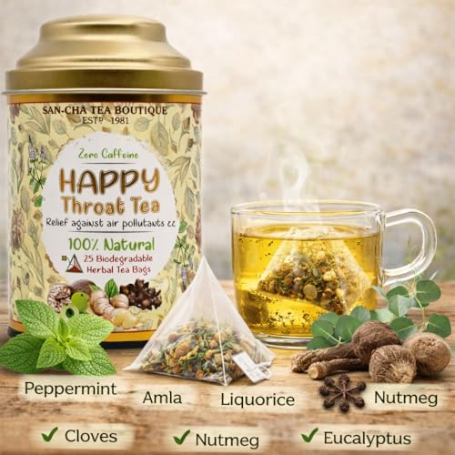 Image of Sancha Tea Boutique, Happy Throat Tea, 25 Pyramid Bags, Caffeine Free Herbal Tisane, Sore Throat Support, Liquourice Blend