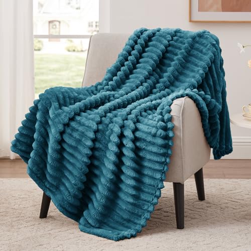 EXQ Home Fleece Throw Blanket for Couch or Bed - 3D Stripe Jacquard Decorative Blankets - Cozy Soft Lightweight Fuzzy Flannel Blanket Suitable for All Seasons(5060 Teal)