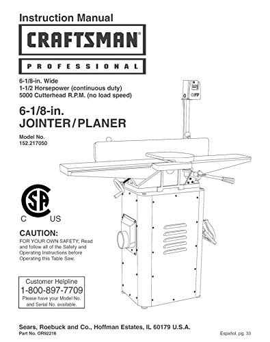 Instruction Manual for Craftsman 152.217050 Jointer-Planer Owners ...