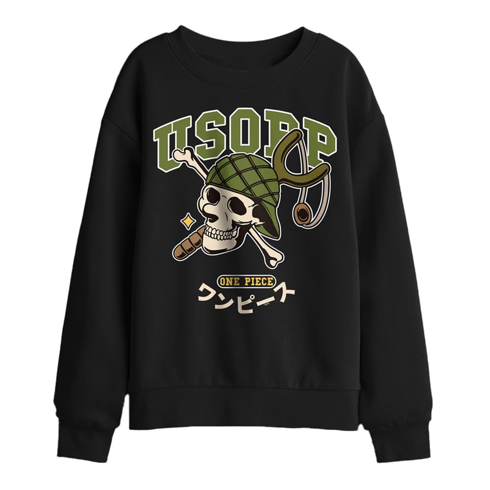 One Piece Usopp Collegic Skull Kids Sweatshirt, Black, 9-11Y