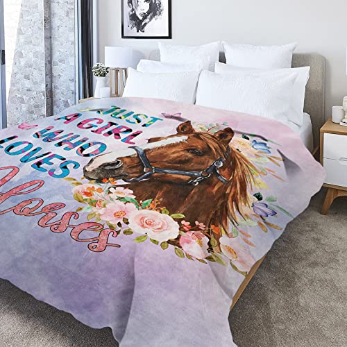 Domgoge Just a Girl Who Loves Horses Blanket for Girls Horse Flower Throw Blankets Gifts for Women Light Pink Purple Warm Lightweight Flannel Fleece Blanket for Sofa Couch All Season 150cm x 200cm - Image 4