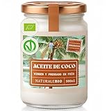 NaturaleBio Aceite de Coco Ecológico Virgen 500 ml. Crudo y prensado en frío. Orgánico y Natural. Aceite Bio nativo no refinado. País de origen Sri Lanka.