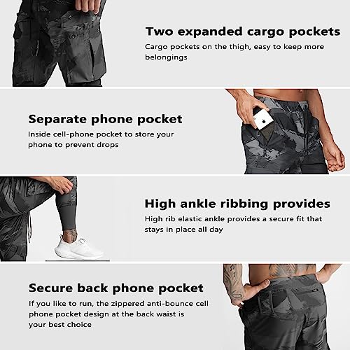 Gintpk Men's Cargo High Rib Jogger Gym Workout Pants Sport Running Tapered Sweatpants Quick Dry For Training Black Camo M #TOP4