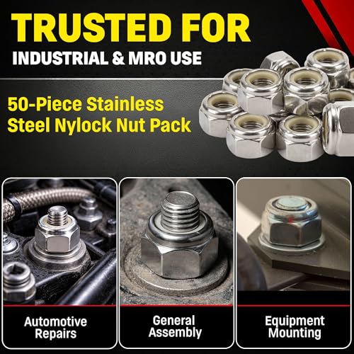 Image of Chenango Supply 3 /8-16 Stainless Steel Nylon Insert Lock Nuts - 304 Stainless, USS Coarse Thread, Reusable Nylock Design, Corrosion-Resistant Hardware, (50 Pieces, 3 /8-16 NyHxNut)