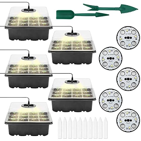 Anzucht Gewächshaus 5 Stücke Zimmergewächshaus Anzuchtkasten mit Pflanzenlampe,12 Loch Sämling Pflanze Aufzucht,Kunststoff Anzuchtschalen Anzucht Set,Treibhaus Anzuchtschale,Mini Gewächshaus Anzucht Cover