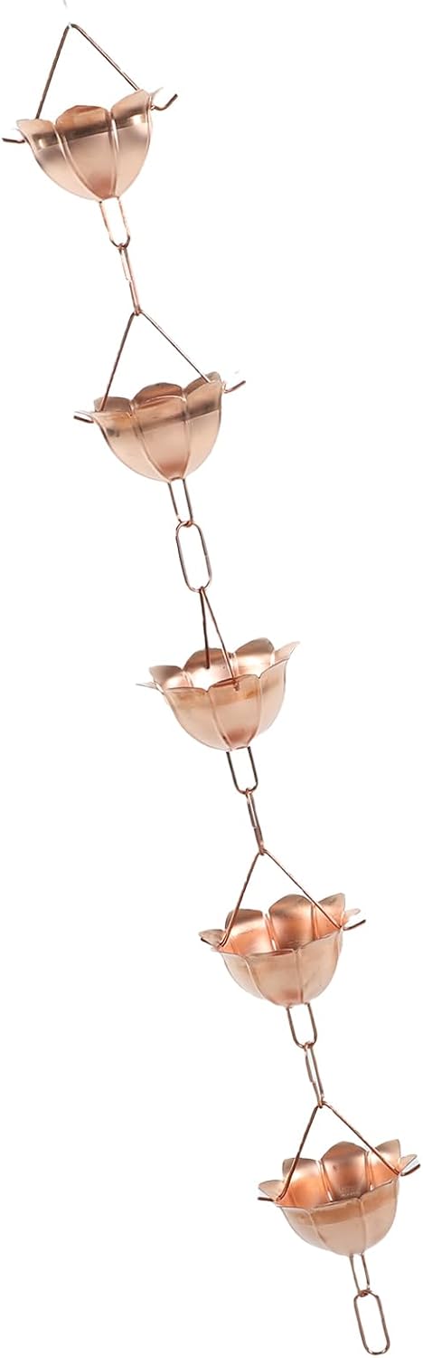 Sorandy Rain Chain, 5 Petal Cups Copper Rainwater Drainage Chain, Wide Bell Mouth Design with Easy Installation, Ideal for Gutter & No Tools Needed