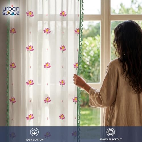 Image of Urban Space Boho Decorative Curtain for Door, 100% Cotton Curtain 7 Feet Long, 1 piece Curtain with Tassels, 60-65% Room Darkening with Tieback and Eyelets (Lotus Aura Pink, 7 Feet)