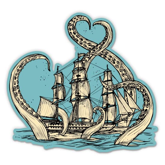 Sea Monster Kraken and Ship - 3" Vinyl Sticker - for Car Laptop Water Bottle Phone - Waterproof Decal