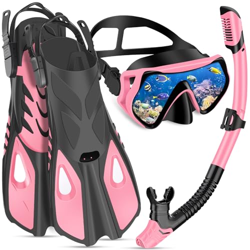 IEEILULU Schnorchelset Erwachsene mit Flossen, Schnorchelmaske Set mit Antibeschlag Taucherbrille,180° Panorama Glaslinse, Verstellbaren Flossen & Tragetasche für Schnorcheln Tauchen (Pink-S/M)