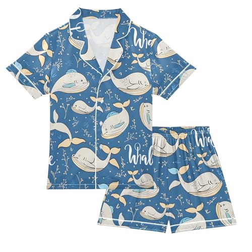 ALAZA Whale Navy Blue Cartoon Pajamas Satin Pajama Set Short Sleeve Button Down Sleepwear