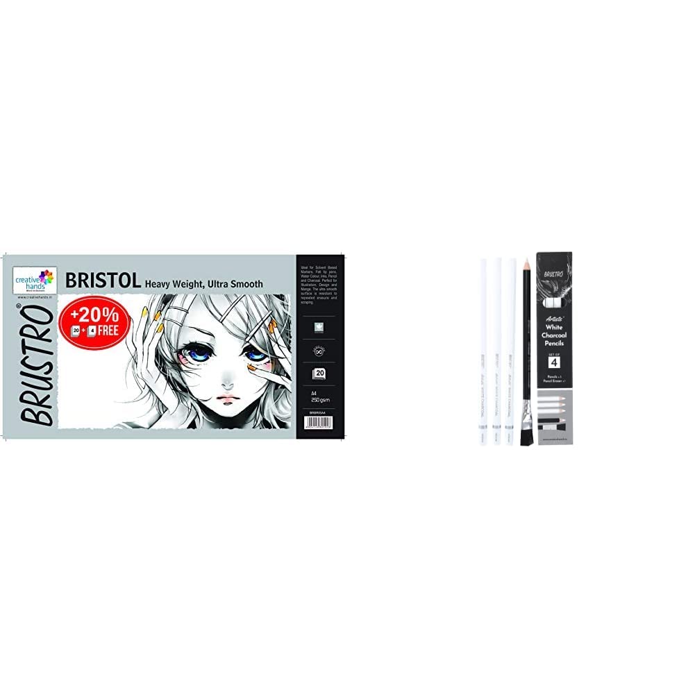 BRUSTRO Ultra Smooth Bristol Sheets & Brustro Artists’ White Charcoal Pencil Set of 3 + 1 Pencil Eraser (B0BQ1S65TV) Amazon Price History, Amazon Price Tracker