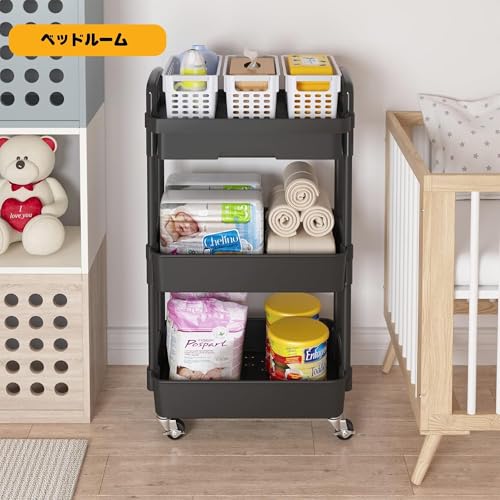 Lazysong キッチンラック キッチンワゴン 引き出し付き 3層 プラスチック キャスター付き 小物収納 ペットボトルラック 冷蔵庫横 ブラック [2]