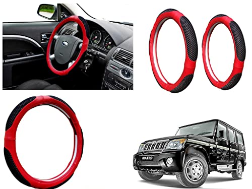 Image of Microfiber Car Steering Wheel Cover, Soft Padding Great Hand Feel, Anti-Slip, Faux Leather Steering Cover for Mahindra Bolero | Black Red Jali - Pack of 1