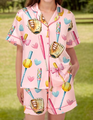 Image of SHESHOW Pajamas for Women Set Satin Button Down Short Sleeve Top and Shorts Pjs Sets Sport Ball Print Sleepwear XS-XXL
