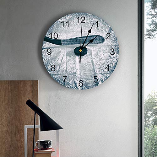 Sun-Shine Silent Non-Ticking Wall Clock Battery Operated Ice Hockey Winter Sports Round Clocks Home Decorative Wall Clocks For Bedroom, Living Room, Office Stick And Puck With Snow #TOP2