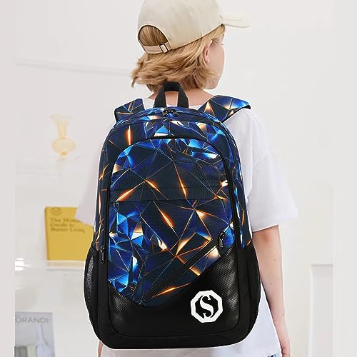 Backpack for Kids Boys Elementary Bookbag 17 Inch Middle School Bag Primary Waterproof Rucksack for Teens Travel Fits Ages 6+ YO(Luminous Geometric-Black Blue)3
