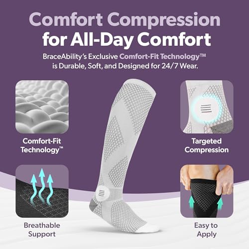 Image of BraceAbility Knee High Compression Socks 20-30 mmHg - Support Stockings for Women, Men, Circulation, Running, Flying, Post Surgery, Varicose Veins, Diabetic Foot Pain - 1 Pair Closed Toe (L - Gray)