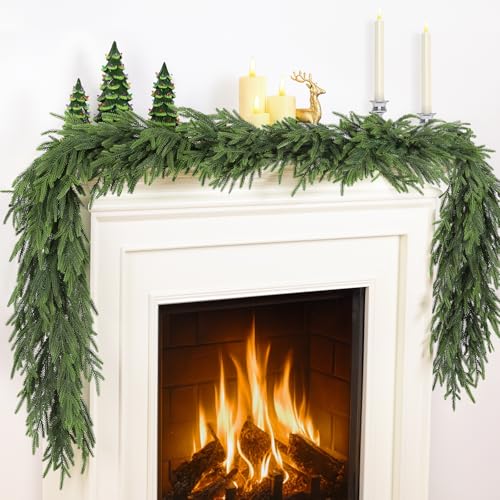 TOWPONICS 12FT 2 * 6FT Christmas Norfolk Pine Garland, Real Touch Faux Green Garlands, Winter Artificial Greenery Garland for Mantle, Stairs, Table, Fireplace, Indoor & Outdoor Xmas Decorations