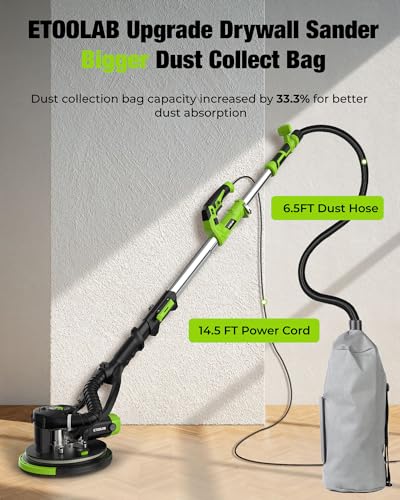 Drywall Sander - ETOOLAB Electric Drywall Sander 1000-2100RPM with Auto Dust Collection 360° Swivel Head, Powerful Wall Sander with 5 Variable Speed LED Lightfor Ceilings, Floors Discs Sander