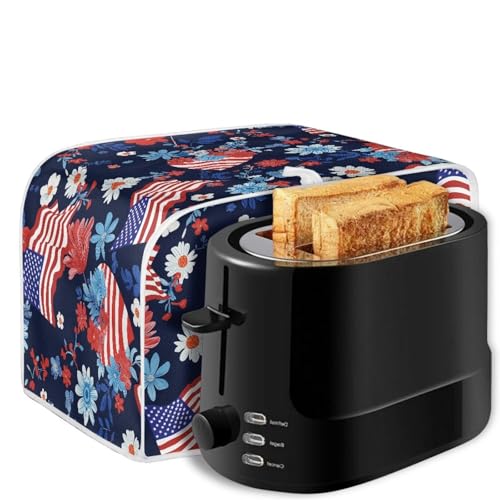 Image of American Flag Eucalyptus Flower 2 Slice Toaster Dust Cover with Top Hook Toaste Oven Dust Protection Cover for July 4th Independence Day Decor