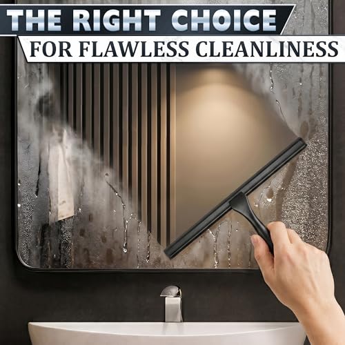 Image of Shower Door Squeegee with Hook - 12 inch Silicone Blade, Stainless Steel Black Squeegee for Shower Glass with Adhesive Mount - All-Purpose Bathroom Tile, Mirror, & Window Wiper for Streak-Free Cleaning