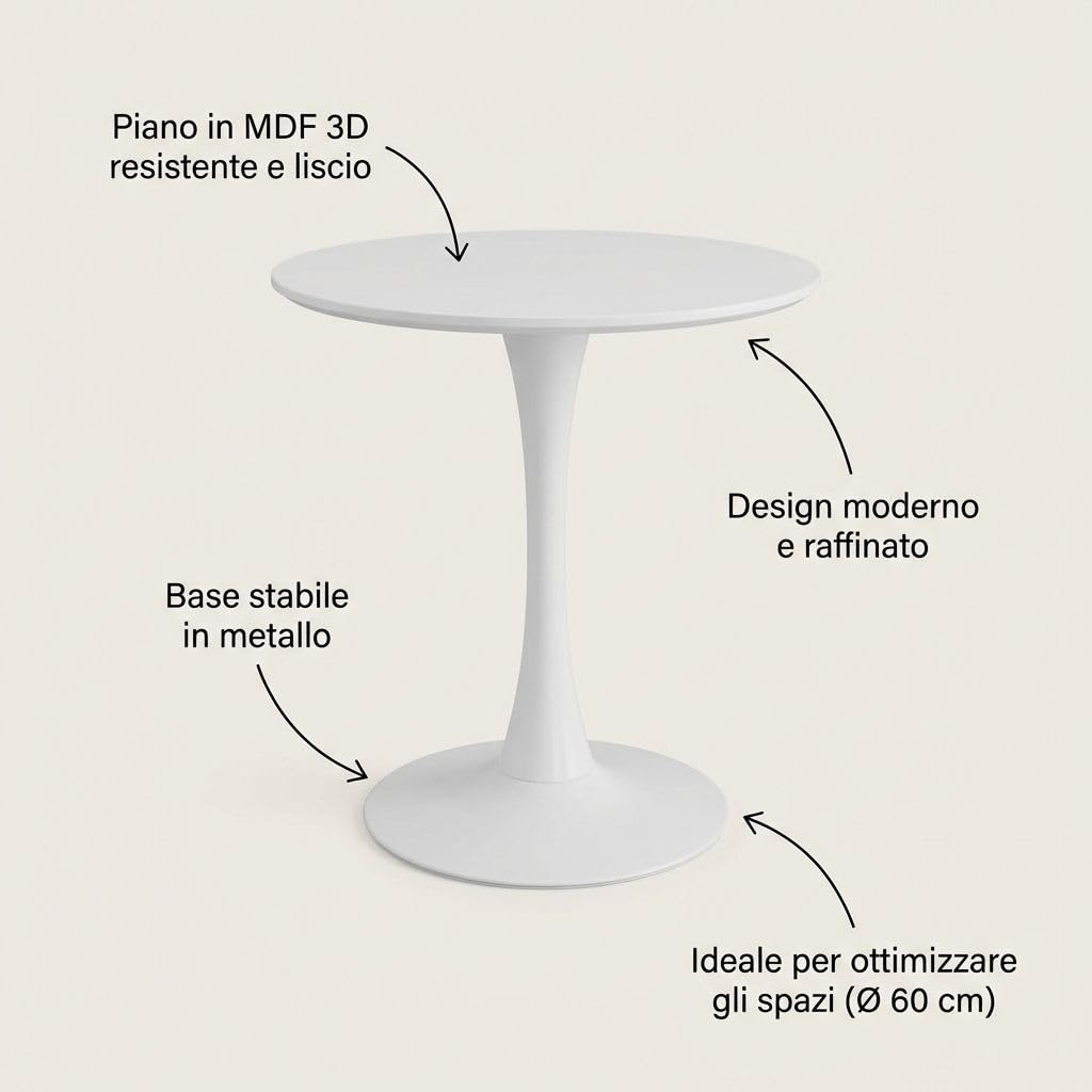 HEMAX Tavolo Tondo Moderno con Top in MDF 3D e Base in Metallo – bianco