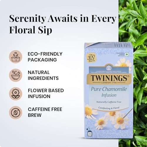 Image of Twinings Pure Chamomile Tea, 25 Tea Bags| Caffeine-Free| Flower Based Infusion| Relieves Anxiety| Promotes Good Sleep| Made With Finest Ingredients| Enjoy as Hot or Iced Tea | Pack of 1