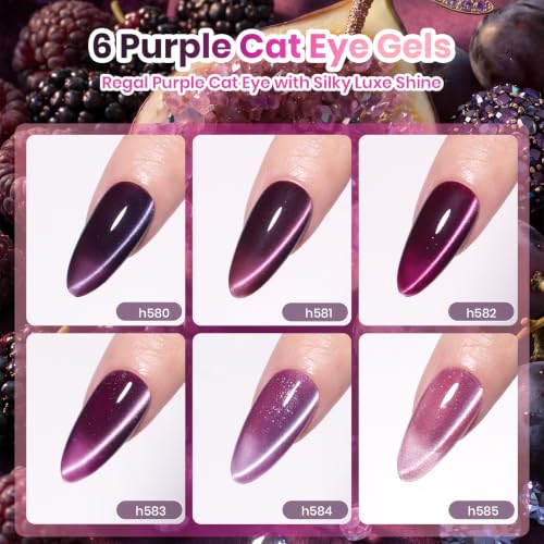 Image of Beetles Purple Cat Eye Gel Nail Polish Set, Plum Moonlit 6 Colors Glitter | Fall Gel Polish Kit Magnetic 3D Shimmer Effect Soak Off UV DIY Salon Nail Art Manicure Gift for Women