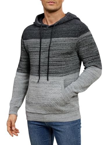 Danfiki Sudadera con capucha para hombre, de invierno, bloque de color, a rayas, ajuste delgado, con cordón, sudadera de punto con bolsillo tipo canguro, gris claro, L