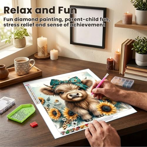 Image of HASTHIP Diamond Painting Kit Cow and Sunflowers 30x30cm Pre-Printed Canvas